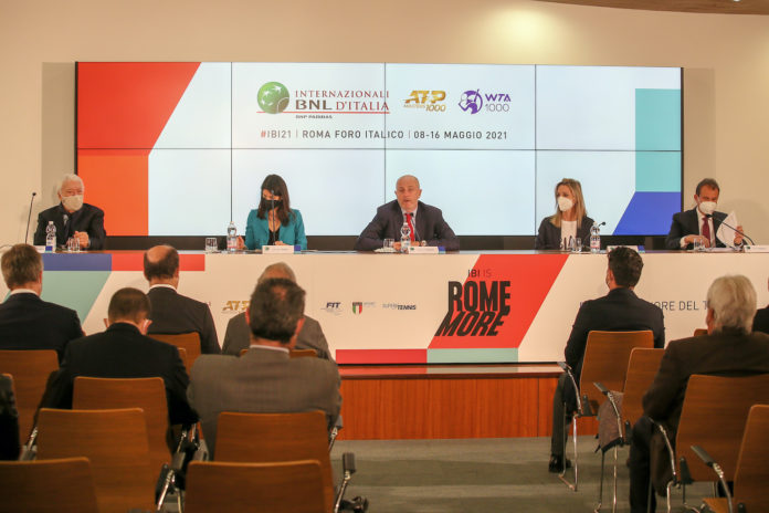 Conferenza di presentazione degli Internazionali BNL D'Italia 2021 - Nicola Pietrangeli, Virginia Raggi, Angelo Binaghi, Valentina Vezzali e Vito Cozzoli ATP ROMA
